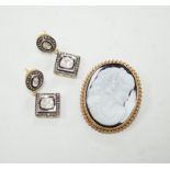 A modern 9ct gold mounted oval cameo hardstone brooch, 40mm and a pair of gilt 925 and diamond set