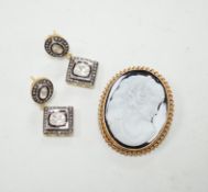 A modern 9ct gold mounted oval cameo hardstone brooch, 40mm and a pair of gilt 925 and diamond set