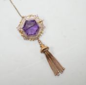 An Edwardian 9ct and hexagonal cut amethyst set tassel drop brooch, overall 75mm, gross weight 10.