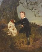 Victorian School, oil on canvas, Boy with his dog before a landscape, indistinctly signed and