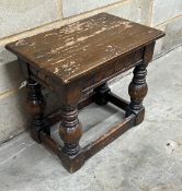 A rectangular 17th century style joint stool, width 53cm, height 48cm together with a pair of carved