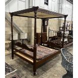 A George III style pine four poster bed frame, width 140cm, length 204cm, height 204cm