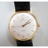 A gentleman's yellow metal (Swiss 750 mark) Zenith automatic wrist watch, with baton numerals, on