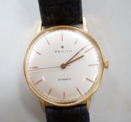 A gentleman's yellow metal (Swiss 750 mark) Zenith automatic wrist watch, with baton numerals, on