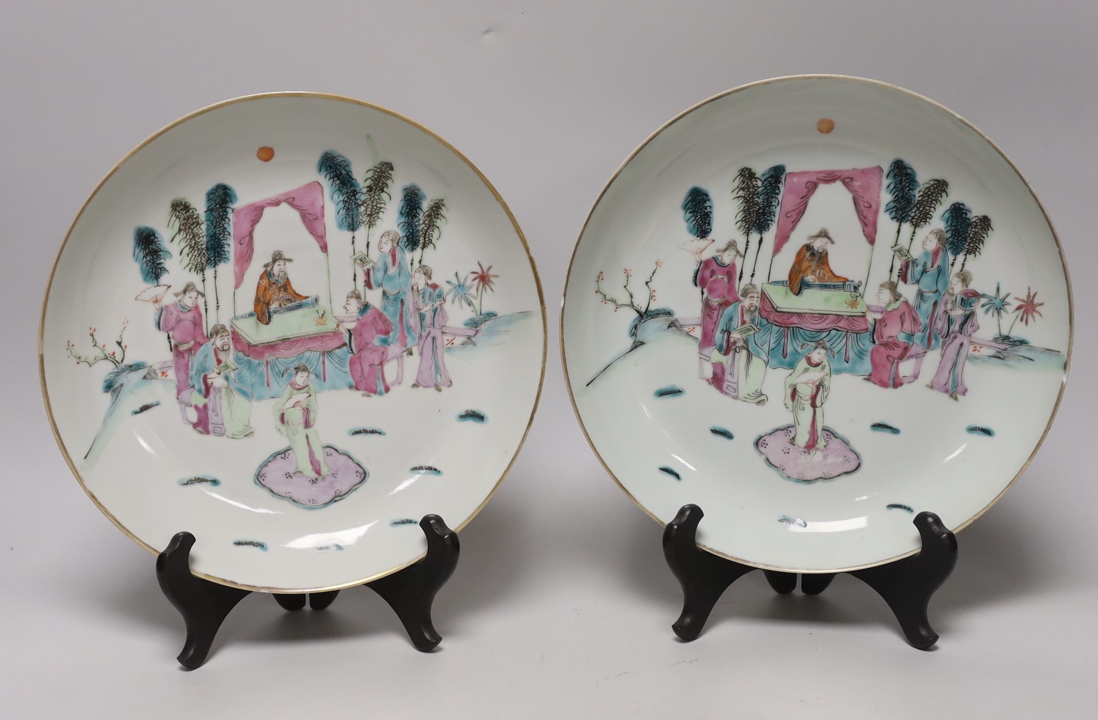 A pair of Chinese famille rose dishes painted with court scenes, a similar enamelled butterfly - Image 5 of 6