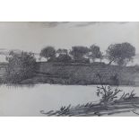 William Strang (Scottish 1859–1921) pencil, River landscape with trees and cottage, details verso,