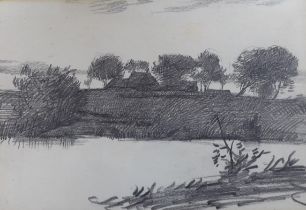 William Strang (Scottish 1859–1921) pencil, River landscape with trees and cottage, details verso,