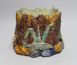 A Thomas Sergent maiolica jardiniere decorated with aquatic life, initialled to the base, 18cm high