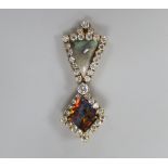 A modern 18k gold, two stone opal and white sapphire? cluster set drop pendant, 40mm, gross weight