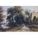 Attributed to John Varley (1778-1842), watercolour, Figures on a pathway beside ruins, inscribed