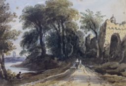 Attributed to John Varley (1778-1842), watercolour, Figures on a pathway beside ruins, inscribed