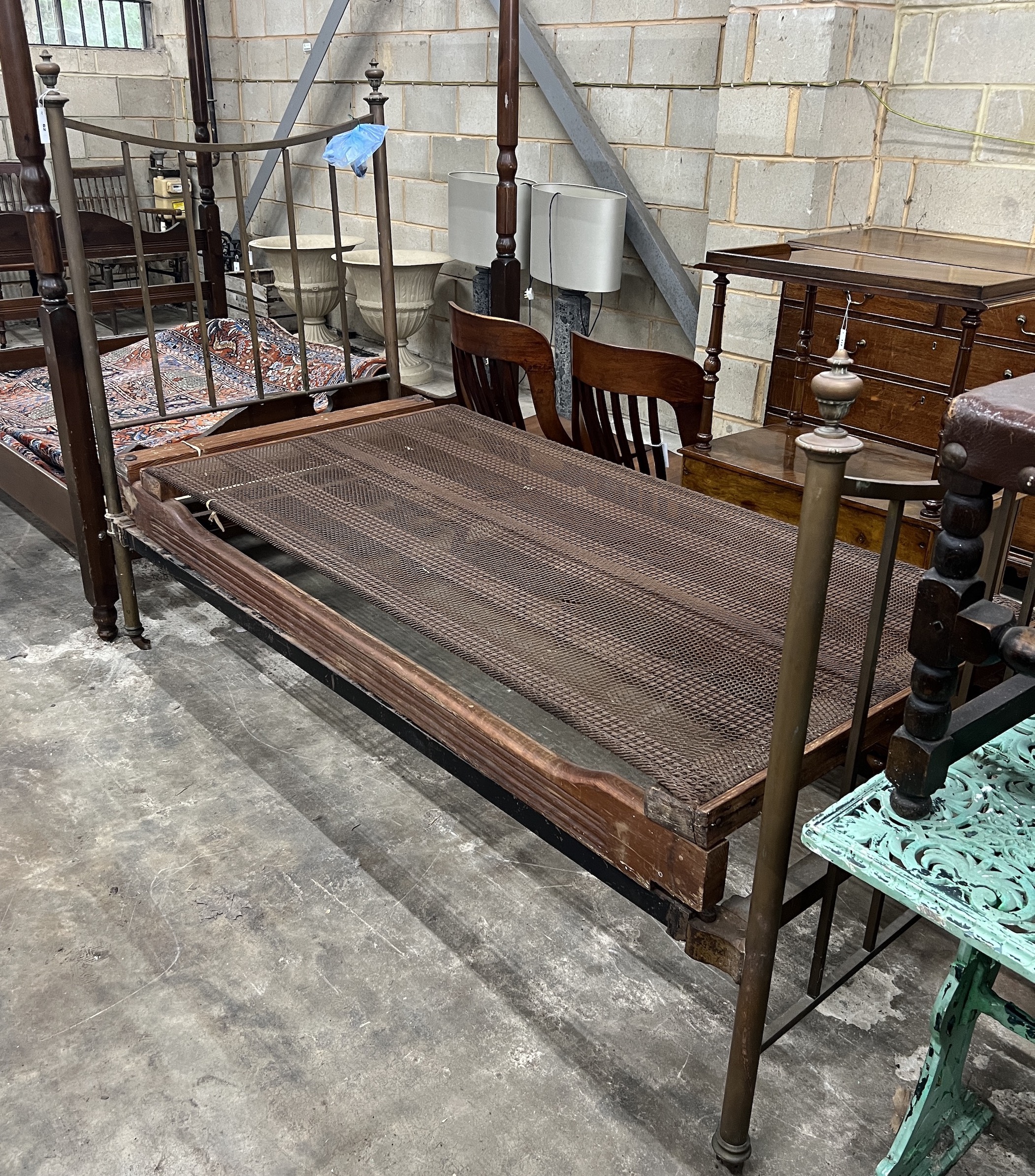 A late Victorian brass single bed frame, width 92cm, length 204cm, height 144cm