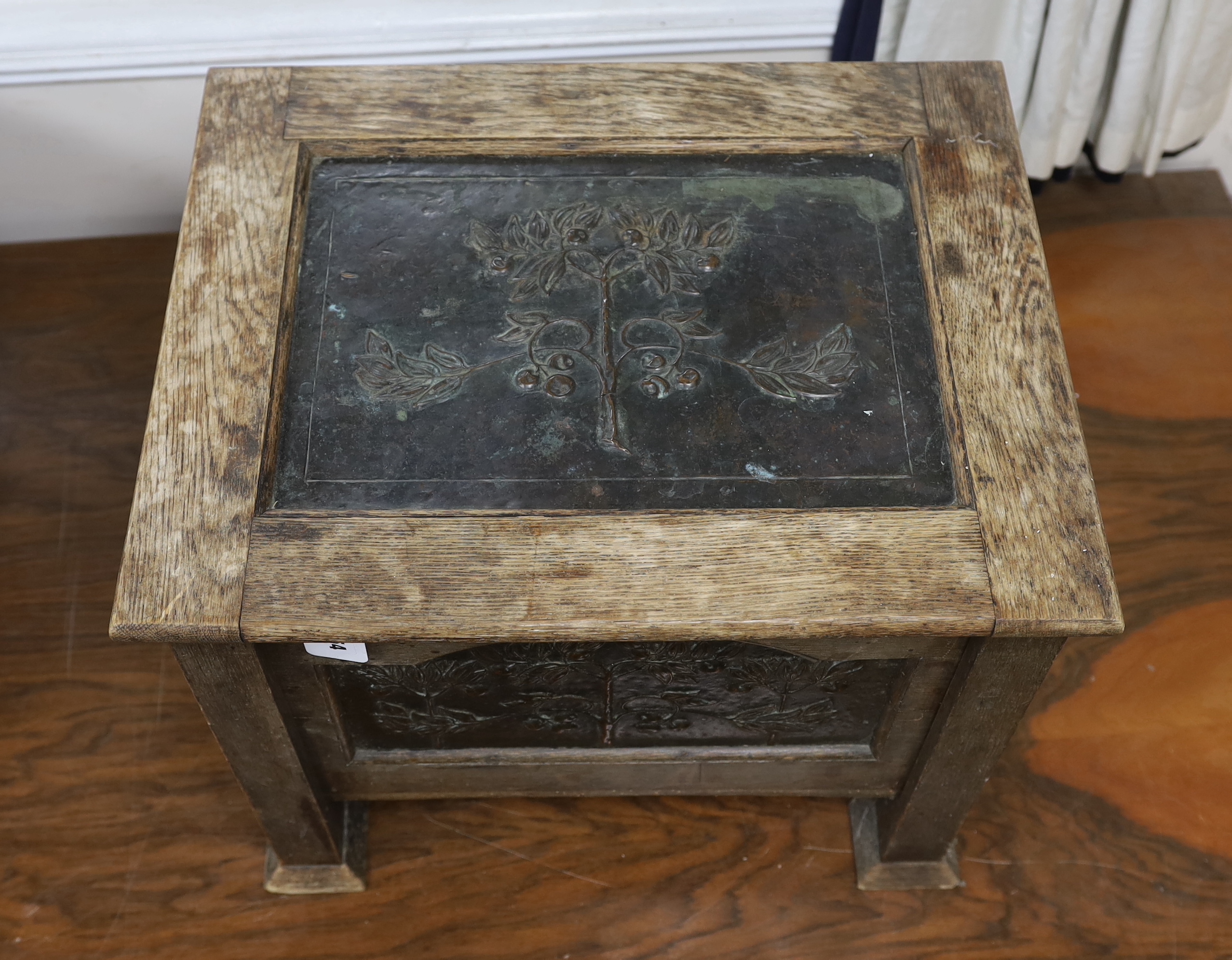 An Arts and Crafts oak and embossed copper coal box, width 54cm, depth 43cm, height 46cm - Image 2 of 3