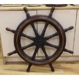 A pine and brass mounted ship's wheel, 93cm in diameter