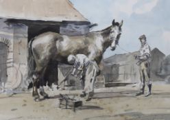 Stanley Orchart (1920-2005), watercolour, Farriers shoeing a horse, signed and dated ‘78, 39cm x