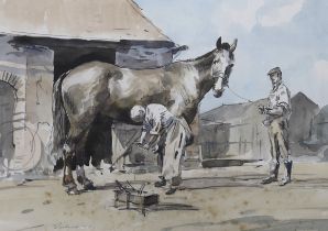 Stanley Orchart (1920-2005), watercolour, Farriers shoeing a horse, signed and dated ‘78, 39cm x