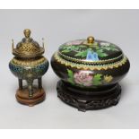 A Chinese cloisonné enamel three footed vase and cover together with a censer and cover, each raised