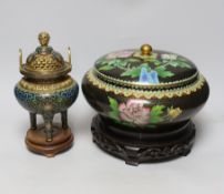 A Chinese cloisonné enamel three footed vase and cover together with a censer and cover, each raised
