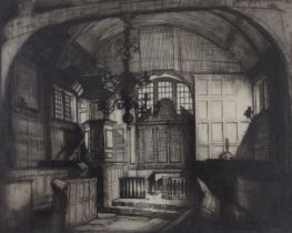 Francis Sydney Unwin (1885-1925), etching, Church interior, signed in pencil, 22 x 18cm