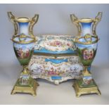 A pair of Vienna style gilt metal mounted vases and a large Sevres style porcelain casket and cover,