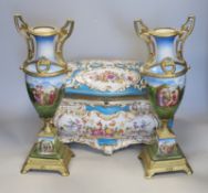 A pair of Vienna style gilt metal mounted vases and a large Sevres style porcelain casket and cover,