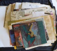 Three large folios of unframed work, predominantly abstracts including watercolours, oils and
