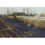 Paul Evans (b.1950) gouache, Threshing barn in autumn landscape, signed, 48.5cm x 33.5cm
