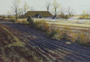 Paul Evans (b.1950) gouache, Threshing barn in autumn landscape, signed, 48.5cm x 33.5cm