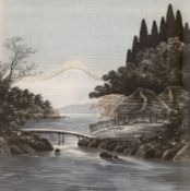 Early 20th century Japanese School, textile picture, Bridge before Mount Fuji, 54 x 52cm