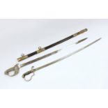 Victorian Royal Naval Reserves dress sword in brass and leather scabbard, blade 79.7cm and one other