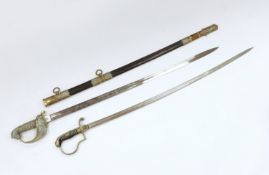 Victorian Royal Naval Reserves dress sword in brass and leather scabbard, blade 79.7cm and one other