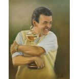 Russell, oil on canvas, Tony Jacklin embracing a trophy, 49 x 39cm