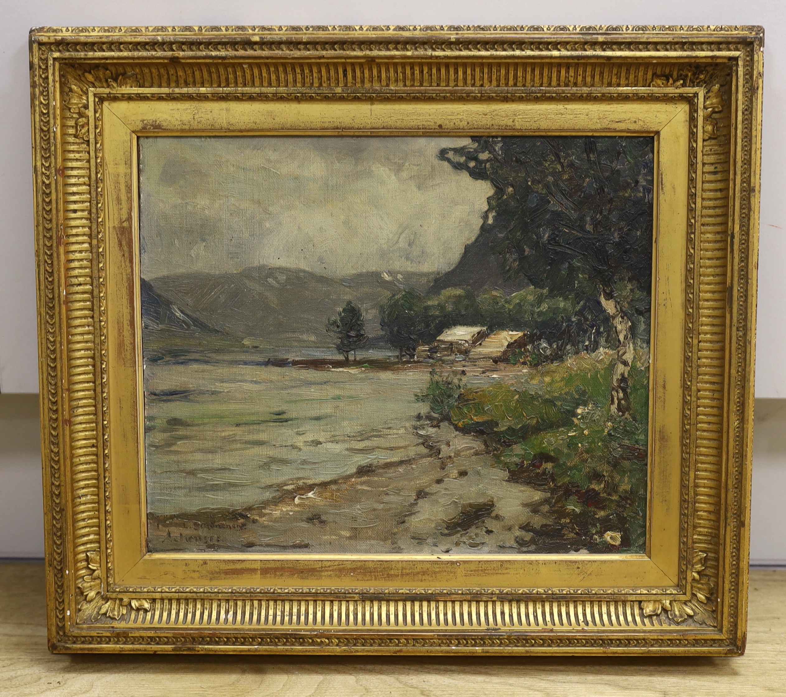 Early 20th century Continental School, oil on board, Mountainous river landscape, indistinctly - Image 2 of 3