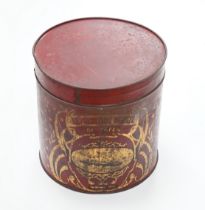 A cylindrical French Toleware coffee tin, 31cm high