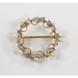 A late 19th century French yellow metal (18ct poincon mark), seed pearl and rose cut diamond set
