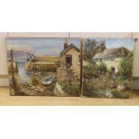 Modern British, two impasto oils on canvas, Cottage garden and Harbour scene with moored fishing