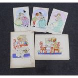 Agnes Richardson (1885-1951) five watercolours on card, Humorous children, original postcard