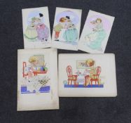 Agnes Richardson (1885-1951) five watercolours on card, Humorous children, original postcard
