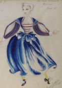 Modern British, heightened mixed media, theatrical costume design, indistinctly signed and dated