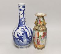 Two Chinese vases, famille rose and blue and white, tallest 26cm