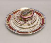 Six Continental porcelain items, including a Sevres style lidded box, a ‘Meissen’ plate with pierced