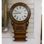 A Victorian parquetry inlaid walnut drop dial wall clock, height 80cm
