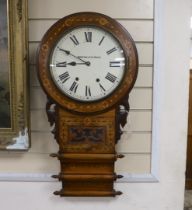 A Victorian parquetry inlaid walnut drop dial wall clock, height 80cm