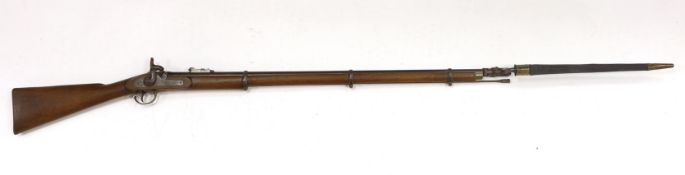A .577 inch three band Enfield Military percussion rifle, lock stamped Tower 1868 with crown entail,