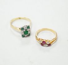 An 18ct, emerald and diamond set rectangular cluster ring, size R and an 18ct, ruby and diamond