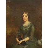 19th century English School, oil on canvas, Three quarter length portrait of a lady and her dog,