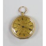 A lady's early 20th century continental 18k, two colour enamel and gem set open faced fob watch,