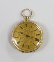 A lady's early 20th century continental 18k, two colour enamel and gem set open faced fob watch,