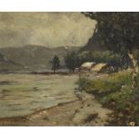 Early 20th century Continental School, oil on board, Mountainous river landscape, indistinctly