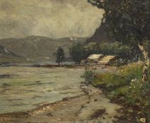 Early 20th century Continental School, oil on board, Mountainous river landscape, indistinctly